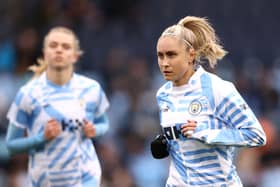 Steph Houghton of Manchester City looks on during the FA Women’s Super League match between Manchester City and West Ham United at The Academy Stadium on April 23, 2023 in Manchester, England. (Photo by Naomi Baker/Getty Images)