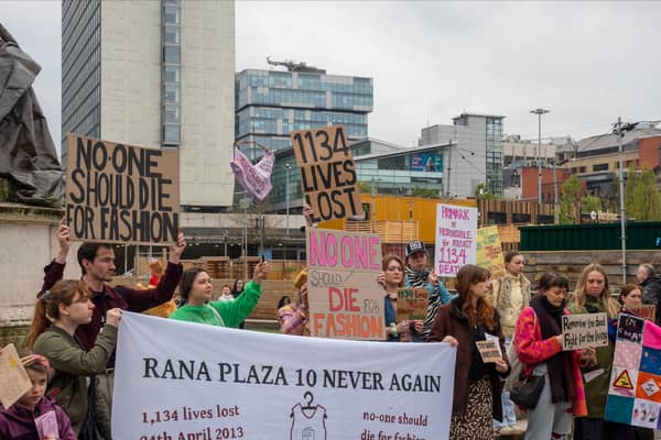 Campaigners in Manchester city centre marking the 10th anniversary of the Rana Plaza garment factory collapse in Bangladesh. Photo: Marc Provins