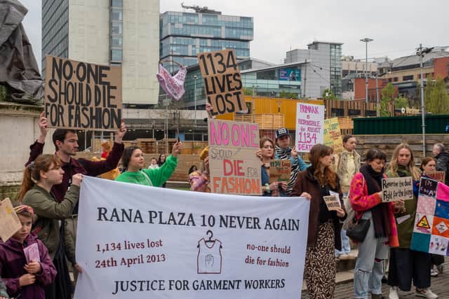 Campaigners in Manchester city centre marking the 10th anniversary of the Rana Plaza garment factory collapse in Bangladesh. Photo: Marc Provins