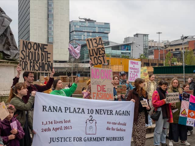 Campaigners in Manchester city centre marking the 10th anniversary of the Rana Plaza garment factory collapse in Bangladesh. Photo: Marc Provins