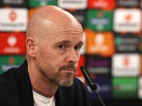 Manchester United manager Erik ten Hag looks on during a press conference