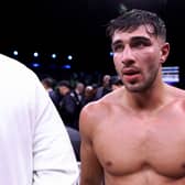 Tommy Fury looks on as they await the result of the Cruiserweight Title fight between Jake Paul and Tommy Fury at the Diriyah Arena on February 26, 2023 in Riyadh, Saudi Arabia. (Photo by Francois Nel/Getty Images)