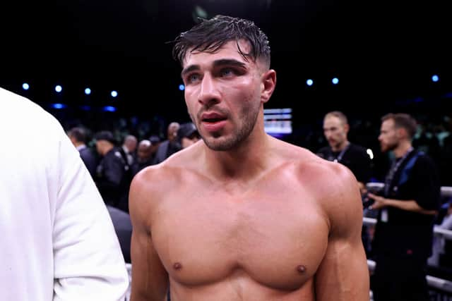 Tommy Fury looks on as they await the result of the Cruiserweight Title fight between Jake Paul and Tommy Fury at the Diriyah Arena on February 26, 2023 in Riyadh, Saudi Arabia. (Photo by Francois Nel/Getty Images)