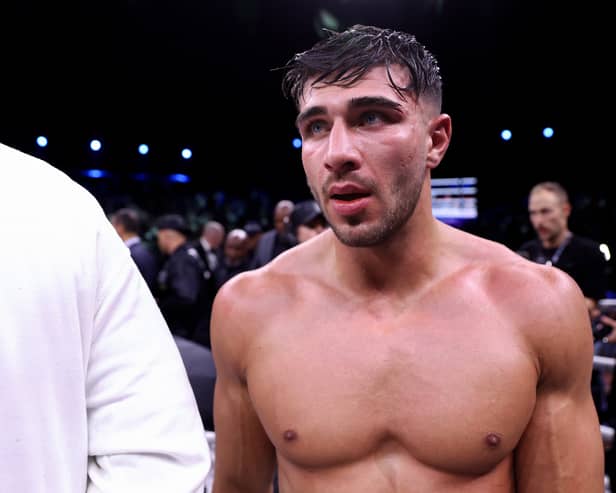 Tommy Fury looks on as they await the result of the Cruiserweight Title fight between Jake Paul and Tommy Fury at the Diriyah Arena on February 26, 2023 in Riyadh, Saudi Arabia. (Photo by Francois Nel/Getty Images)