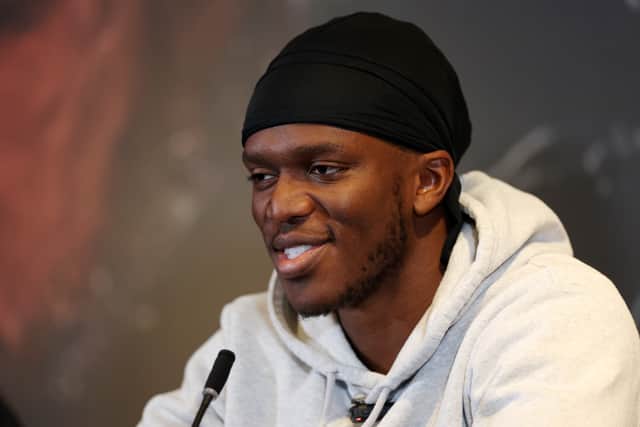 KSI speaks during a press conference ahead of the fight between KSI and Joe Fournier at Glaziers Hall on April 05, 2023 in London, England. The MF & DAZN: X Series 007 fight will take place at OVO Arena Wembley on May 13th, 2023 in London, England. (Photo by Alex Pantling/Getty Images)