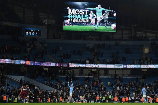 The board at the Etihad shows Erling Haaland’s record-breaking stat