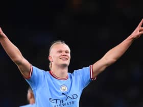 Erling Haaland celebrates scoring a goal for Manchester City