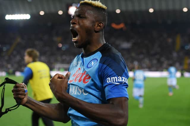Victor Osmihen celebrates scoring the Napoli’s title-winning goal