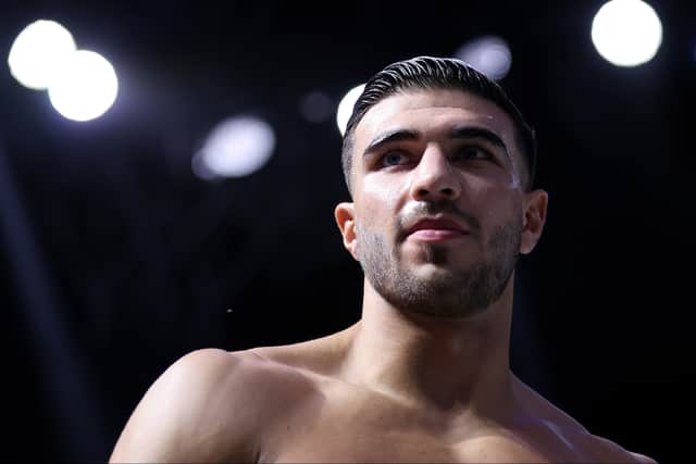 Tommy Fury looks on as they enter the arena during their ring walk prior to the Cruiserweight Title fight between Jake Paul and Tommy Fury at the Diriyah Arena on February 26, 2023 in Riyadh, Saudi Arabia. (Photo by Francois Nel/Getty Images)
