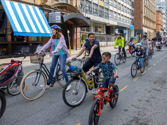 Kidical Mass Manchester organised its first mass family-friendly bike ride through the city centre. Photo: Sarah Rowe