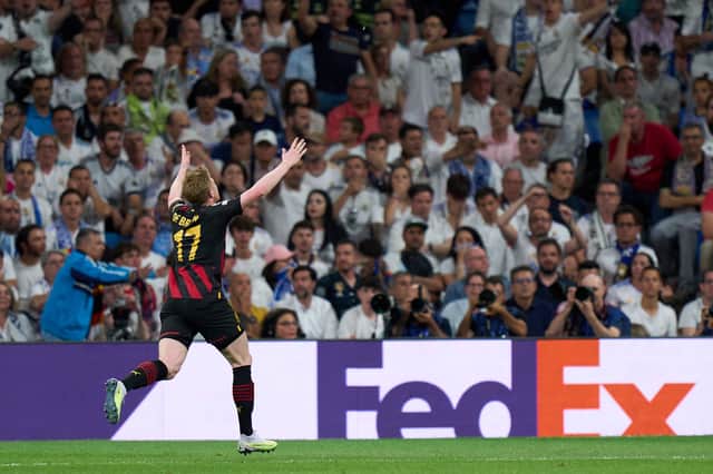 Kevin De Bruyne of Manchester City celebrates after scoring the team's first goal during the UEFA Champions League semi-final first leg match against Real Madrid (Photo: Getty)