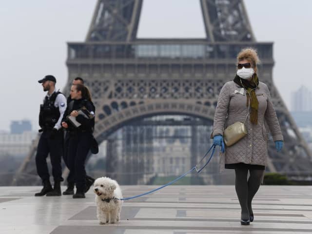 A woman wearing a protective mask walks her dog on the Esplanade du Trocadero square in front of the Eiffel Tower in March 2020 (Photo: Pascal Le Segretain/Getty Images)
