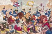 'The Massacre of Peterloo or Britons Strike Home'. British soldiers charging the crowd at St Peter's Fields, Manchester, during a meeting called in support of political reform. Original Artist: By George Cruikshank (Photo by Spencer Arnold Collection/Hulton Archive/Getty Images)