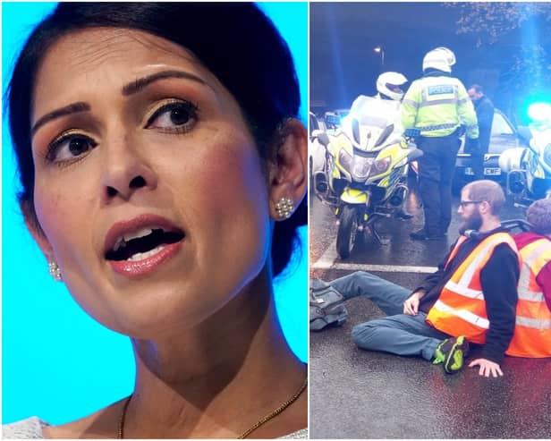 Home Secretary Priti Patel (left) will unveil plans to tackle disruptive protesters including those from Insulate Britain (right) (Pictures: Getty Images and Insulate Britain)