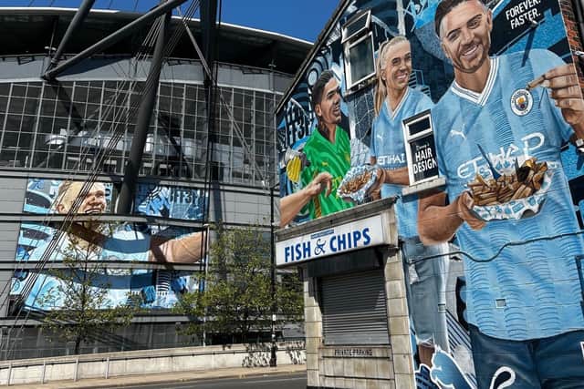 The new Manchester City mural on the side of Maine Road Chippy.
