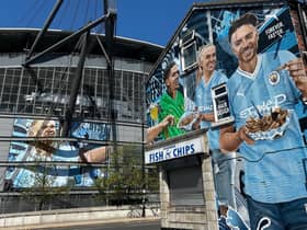 The new Manchester City mural on the side of Maine Road Chippy.