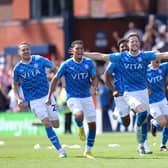 Stockport County players celebrate win over Salford City.  