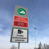 A Clean Air Zone sign in Hollinwood, Oldham. Pictured in February 2023. Credit: LDRS