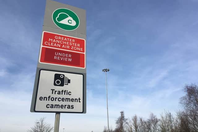 A Clean Air Zone sign in Hollinwood, Oldham. Pictured in February 2023. Credit: LDRS