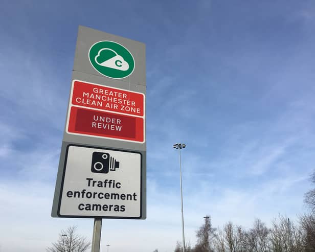 A Clean Air Zone sign in Hollinwood, Oldham. Pictured in February 2023. Credit: LDRS