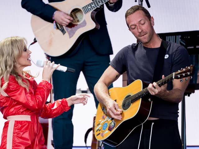 Kylie Minogue and Chris Martin of Coldplay perform on the Pyramid stage on day five of Glastonbury Festival at Worthy Farm, Pilton on June 30, 2019 in Glastonbury, England. (Photo by Ian Gavan/Getty Images)
