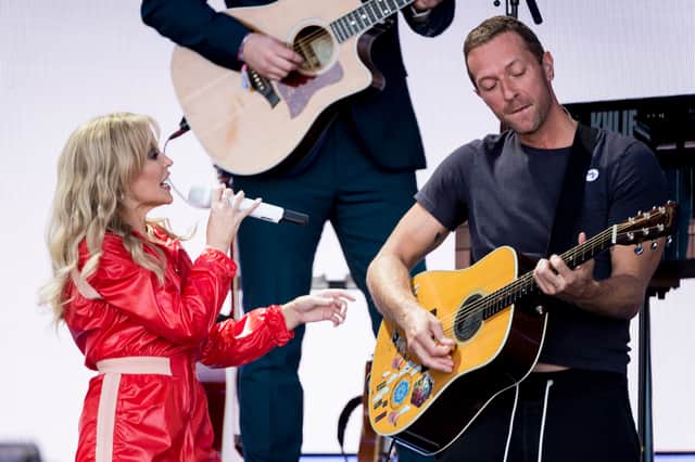 Kylie Minogue and Chris Martin of Coldplay perform on the Pyramid stage on day five of Glastonbury Festival at Worthy Farm, Pilton on June 30, 2019 in Glastonbury, England. (Photo by Ian Gavan/Getty Images)