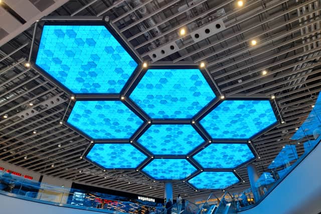 Manchester Airport’s honeycomb ceiling will be lit up in City’s colours ahead of the Champions League final in Istanbul this weekend. Credit: Manchester Airport