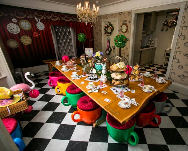 Inside one of UK’s oldest homes transformed into Alice in Wonderland rental with teacup stools & teapot taps