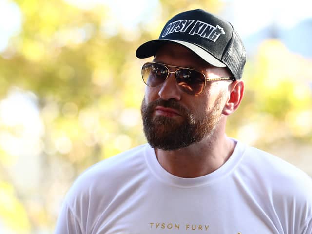 Tyson Fury speaks to the media at Brisbane Domestic Airport on May 25, 2023 in Brisbane, Australia. (Photo by Chris Hyde/Getty Images)