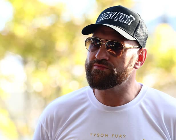 Tyson Fury speaks to the media at Brisbane Domestic Airport on May 25, 2023 in Brisbane, Australia. (Photo by Chris Hyde/Getty Images)