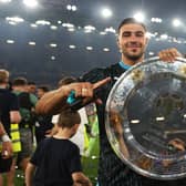 Tommy Fury of World XI celebrates with the Soccer Aid winners shield following Soccer Aid for Unicef 2023 at Old Trafford on June 11, 2023 in Manchester, England. (Photo by Matt McNulty/Getty Images)