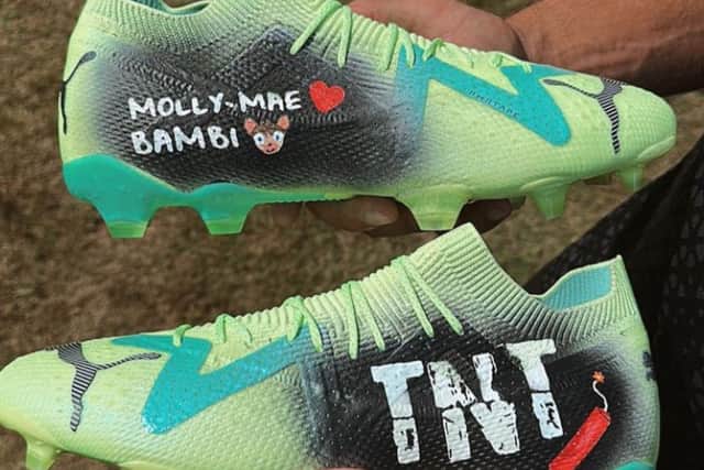 Tommy Fury’s football boots ahead of the Soccer Aid match on 11 June 2023. (Credit @mollymae Instagram Story)