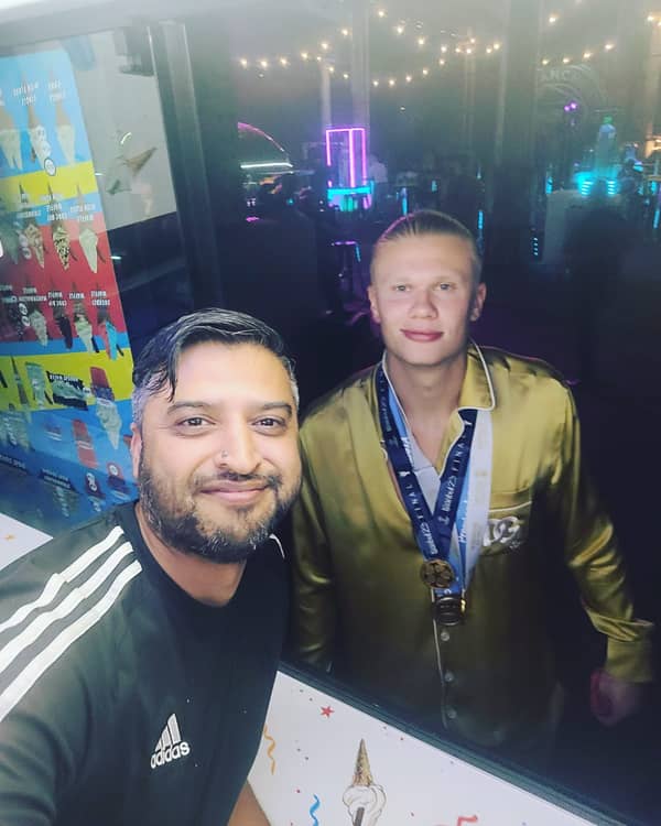 Erling Haaland (right), pictured with ice cream man Ejaz Azam.