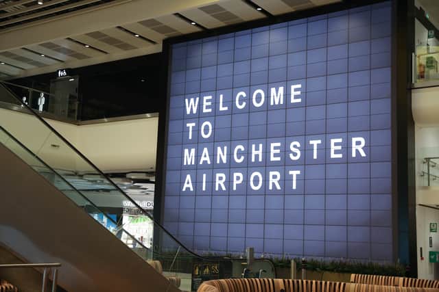 The sign welcoming passengers to Manchester Airport in  April 2021