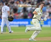  Australia batsman Pat Cummins celebrates after scoring the winning runs during day five of the LV= Insurance Ashes 1st Test Match between England and Australia at Edgbaston on June 20, 2023 in Birmingham, England. (Photo by Stu Forster/Getty Images)