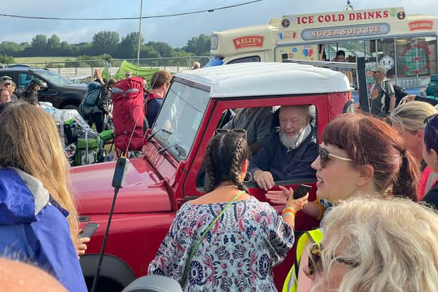 Michael Eavis greeted Glastonbury guests from his Land Rover weeks after founder spotted in wheelchair