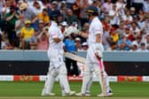 England's Ben Duckett (L) celebrates with England's Ollie Pope (R) after reaching his half century on day two of the second Ashes cricket Test match between England and Australia at Lord's cricket ground in London on June 29, 2023. (Photo by Ian Kington / AFP) / RESTRICTED TO EDITORIAL USE. NO ASSOCIATION WITH DIRECT COMPETITOR OF SPONSOR, PARTNER, OR SUPPLIER OF THE ECB (Photo by IAN KINGTON/AFP via Getty Images)