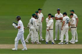 England's Stuart Broad (L) walks back to the pavilion after losing his wicket for 12 runs on day three of the second Ashes cricket Test match between England and Australia at Lord's cricket ground in London on June 30, 2023. (Photo by Ian Kington / AFP) / RESTRICTED TO EDITORIAL USE. NO ASSOCIATION WITH DIRECT COMPETITOR OF SPONSOR, PARTNER, OR SUPPLIER OF THE ECB (Photo by IAN KINGTON/AFP via Getty Images)