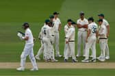 England's Stuart Broad (L) walks back to the pavilion after losing his wicket for 12 runs on day three of the second Ashes cricket Test match between England and Australia at Lord's cricket ground in London on June 30, 2023. (Photo by Ian Kington / AFP) / RESTRICTED TO EDITORIAL USE. NO ASSOCIATION WITH DIRECT COMPETITOR OF SPONSOR, PARTNER, OR SUPPLIER OF THE ECB (Photo by IAN KINGTON/AFP via Getty Images)