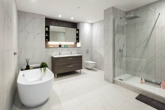 There is a spacious and stunning bathroom