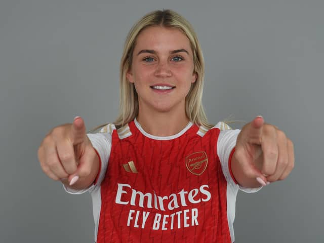 Alessia Russo signs for Arsenal at Emirates Stadium on July 04, 2023 in London, England. (Photo by David Price/Arsenal FC via Getty Images)