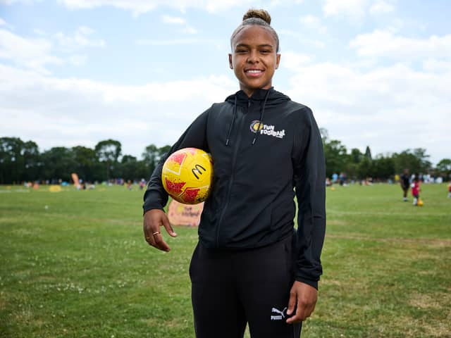 Manchester United forward Nikita Parris at the McDonalds Fun Football sessions in London. Cr: Mark Robinson