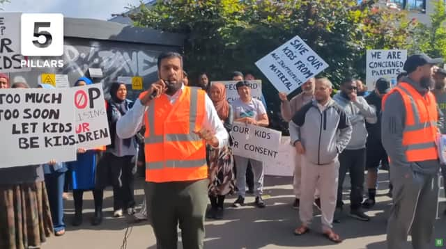 Protest against LGBT material at Birchfields Primary School in Manchester. July 4, 2023. Credit: 5Pillars.