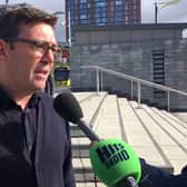 Greater Manchester mayor Andy Burnham at MediaCityUK Metrolink stop. October 6, 2022. Credit: LDRS