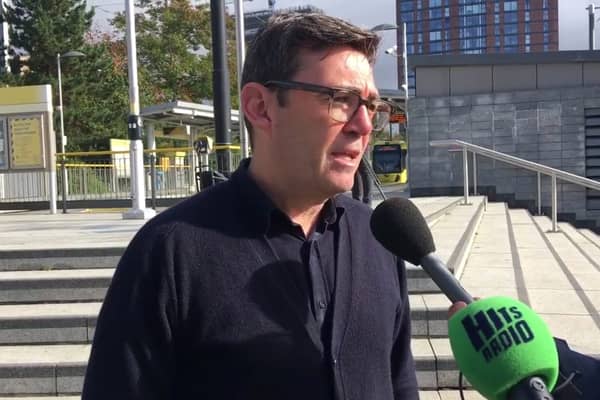 Greater Manchester mayor Andy Burnham at MediaCityUK Metrolink stop. October 6, 2022. Credit: LDRS