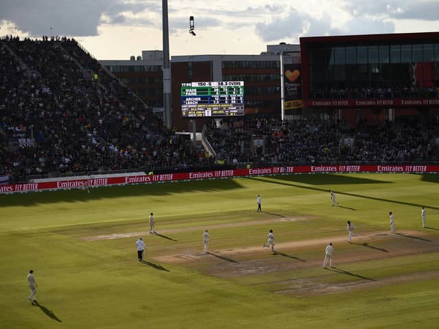 England's Jack Leach bowls to Australia's captain Tim Paine during the fourth day of the fourth Ashes cricket Test match between England and Australia at Old Trafford in Manchester, north-west England on September 7, 2019. (Photo by Oli SCARFF / AFP) / RESTRICTED TO EDITORIAL USE. NO ASSOCIATION WITH DIRECT COMPETITOR OF SPONSOR, PARTNER, OR SUPPLIER OF THE ECB (Photo credit should read OLI SCARFF/AFP via Getty Images)