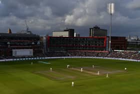 The clouds gather over the ground as England struggle in the field on the second day of the fourth Ashes cricket Test match between England and Australia at Old Trafford in Manchester, north-west England on September 5, 2019. (Photo by Paul ELLIS / AFP) / RESTRICTED TO EDITORIAL USE. NO ASSOCIATION WITH DIRECT COMPETITOR OF SPONSOR, PARTNER, OR SUPPLIER OF THE ECB (Photo credit should read PAUL ELLIS/AFP via Getty Images)