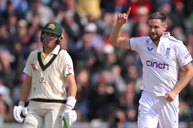 England bowler Chris Woakes celebrates after taking the wicket of David Warner during day two of the LV= Insurance Ashes 4th Test Match between England and Australia at Emirates Old Trafford on July 21, 2023 in Manchester, England. (Photo by Stu Forster/Getty Images)
