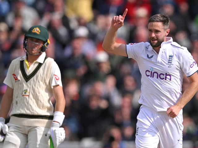 England bowler Chris Woakes celebrates after taking the wicket of David Warner during day two of the LV= Insurance Ashes 4th Test Match between England and Australia at Emirates Old Trafford on July 21, 2023 in Manchester, England. (Photo by Stu Forster/Getty Images)