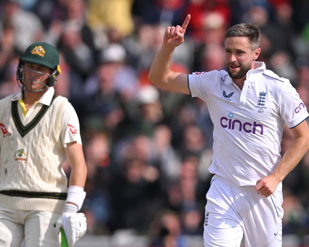 England bowler Chris Woakes celebrates after taking the wicket of David Warner during day two of the LV= Insurance Ashes 4th Test Match between England and Australia at Emirates Old Trafford on July 21, 2023 in Manchester, England. (Photo by Stu Forster/Getty Images)